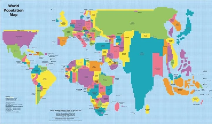 Not your normal picture of Canada – or of the world -- but accurate in its own way. The size of each country on this cartogram represents its population: not how many acres but how many people. What insights come to you? This is Map D in True North, © 2015 ODT, Inc. (More info at www.ManyWaysToSeeTheWorld.org )