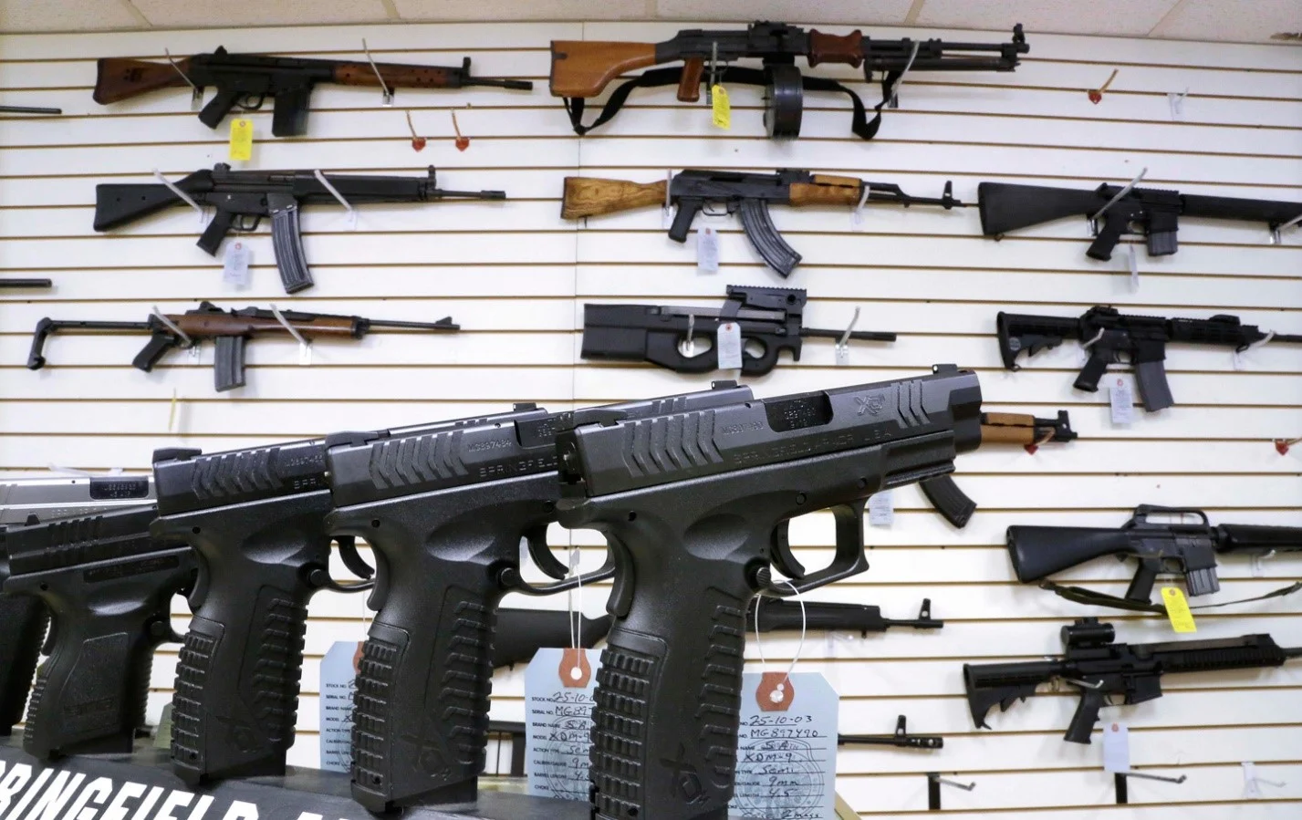 At a gun shop. (Did you know that there are almost as many gun dealers in America as there are gas stations? As of December 2012, according to ABC News, that figure had reached 90 percent. Or more gun shops than Starbucks, McDonald’s and supermarkets combined .) According to Statista, known for supplying reliable stats to media such as the Wall Street Journal, you better believe it because it’s true!