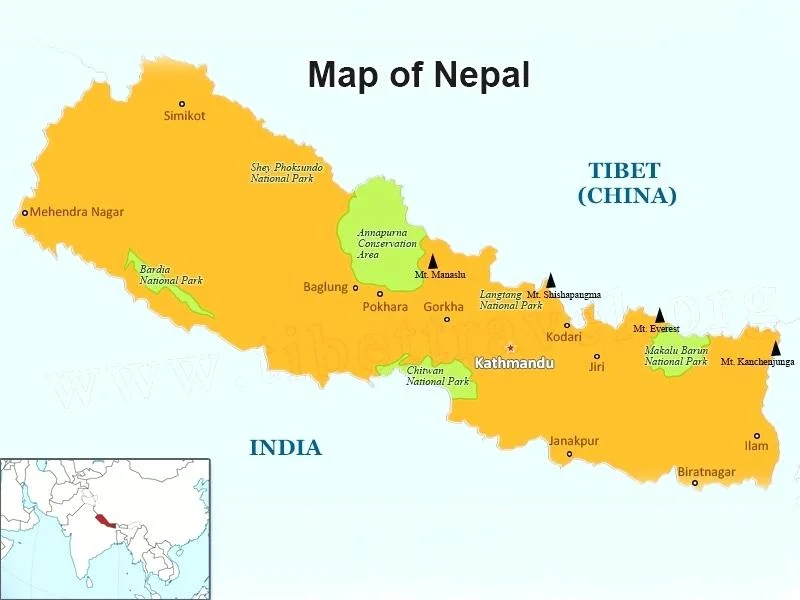 Even bragging about Mt. Everest, the world’s tallest peak, which Nepal shares with Tibet, is not nearly enough to overcome feelings of isolation and inferiority. Map courtesy tibetravel.org