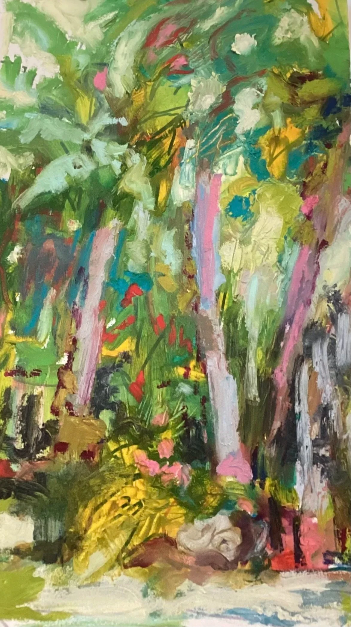 Tropical abstract, 9x12, oil sticks on wood panel.