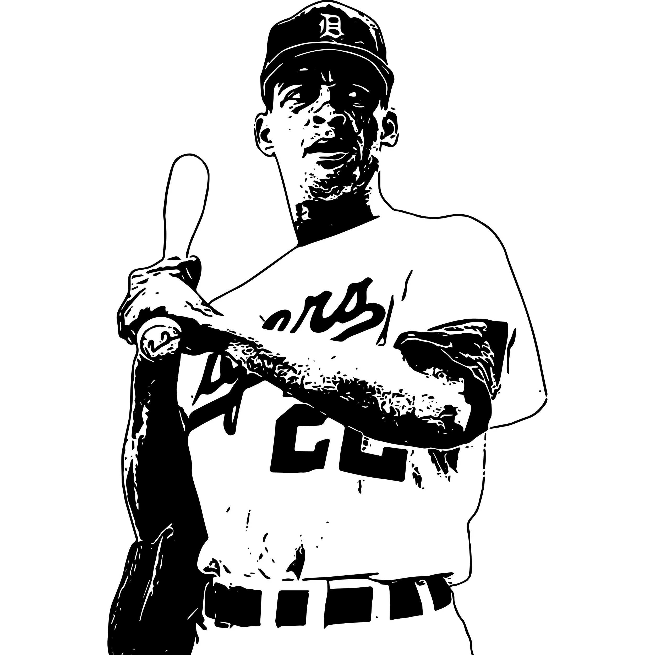 A black and white minimalist illustration of a young man wearing a baseball cap with a letter D, holding a skateboard with one hand, and wearing a shirt with the word 'SHOW' on it.