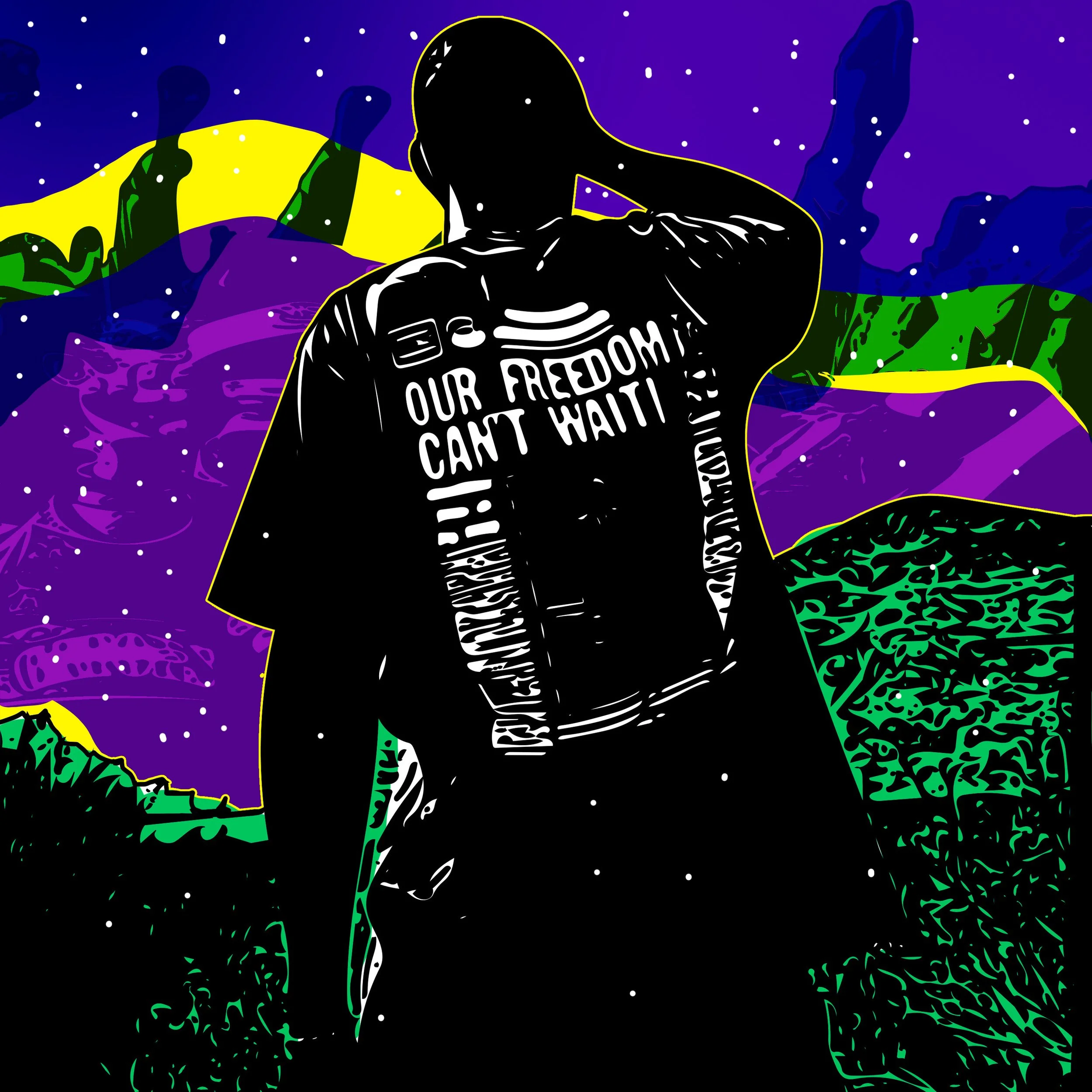 Silhouette of a person wearing a jacket with the phrase "Our Freedom Can't Wait" on the back, standing in a surreal landscape with vibrant purple, green, yellow, and blue colors, under a starry night sky.