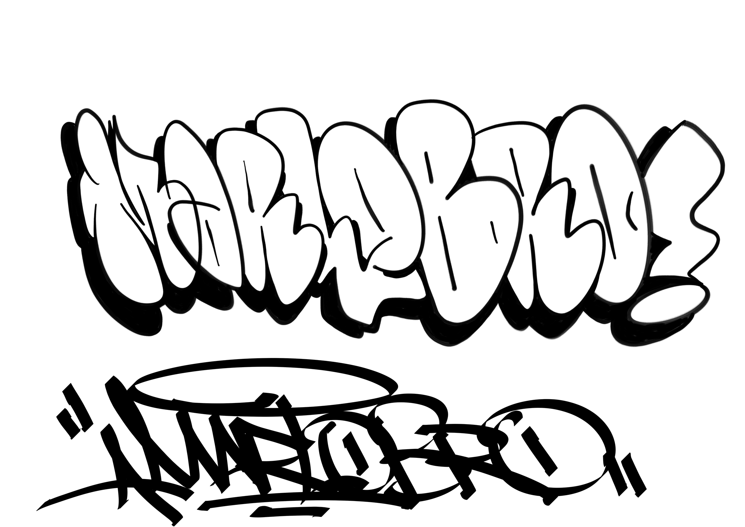 Black graffiti with white fill on white background, with overlapping letters and a circular accent near the bottom.