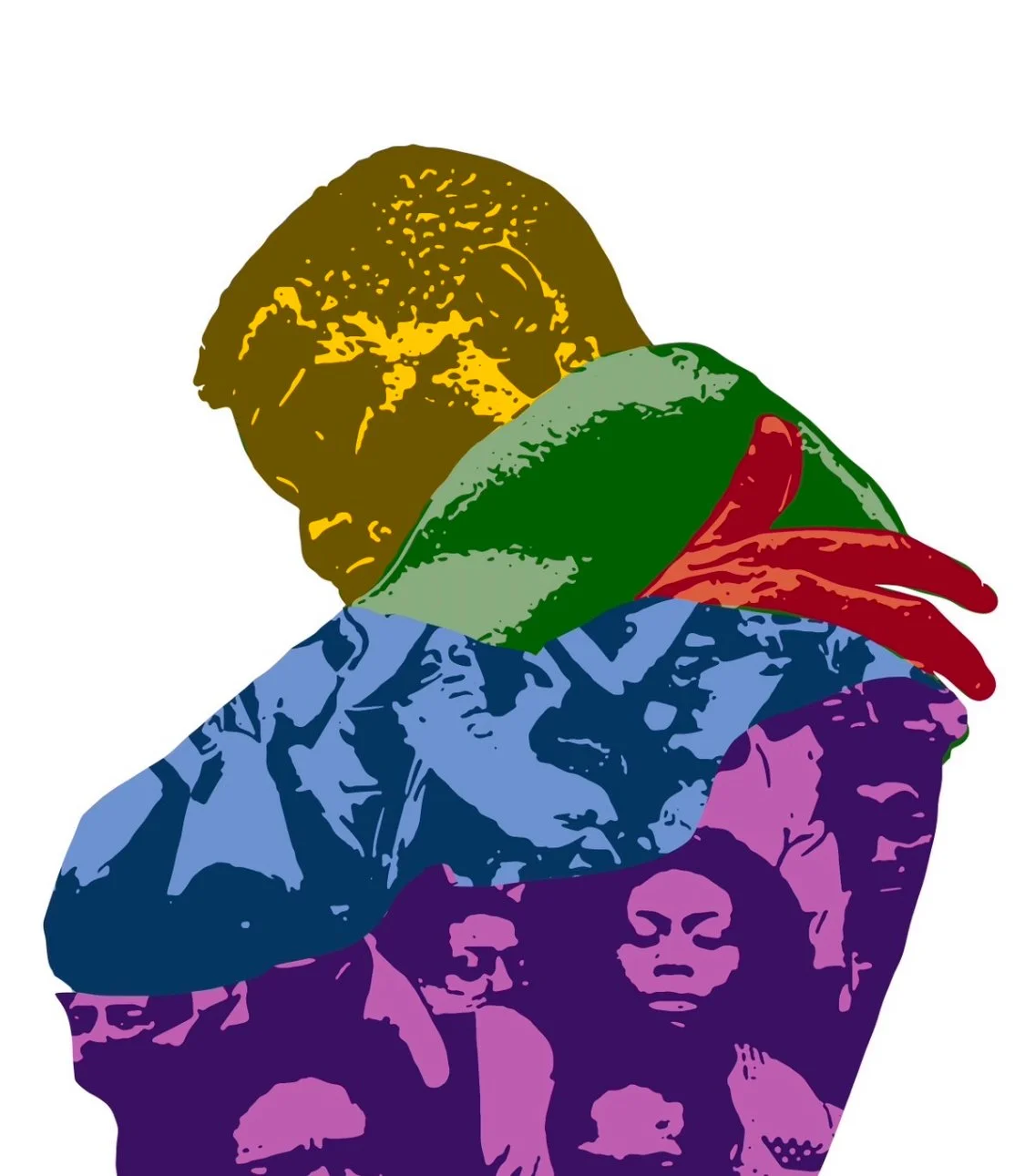 Abstract illustration of a person hugging a diverse group of people, with a color block style.
