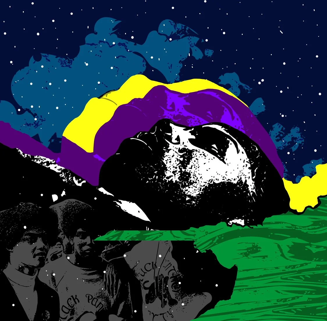 An artistic collage featuring a large black-and-white face of a man, colorful abstract shapes including yellow, purple, and green, a starry night background, and a black-and-white photo of a group of people.