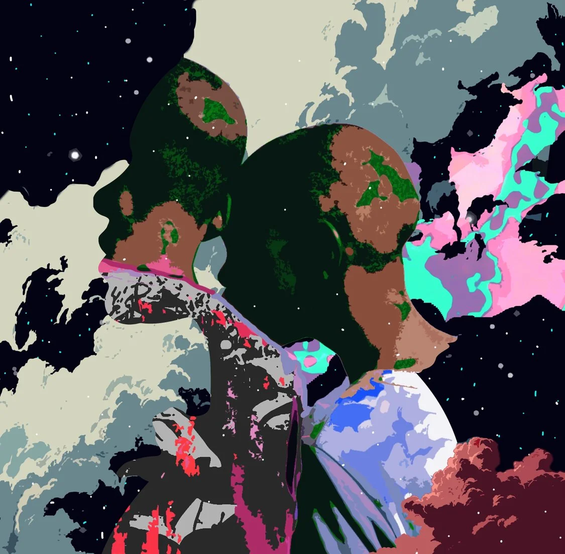 Stylized digital artwork of two young girls with curly hair, one with green and brown hair, standing outdoors against a colorful, abstract background of clouds, sky, and cosmic elements.
