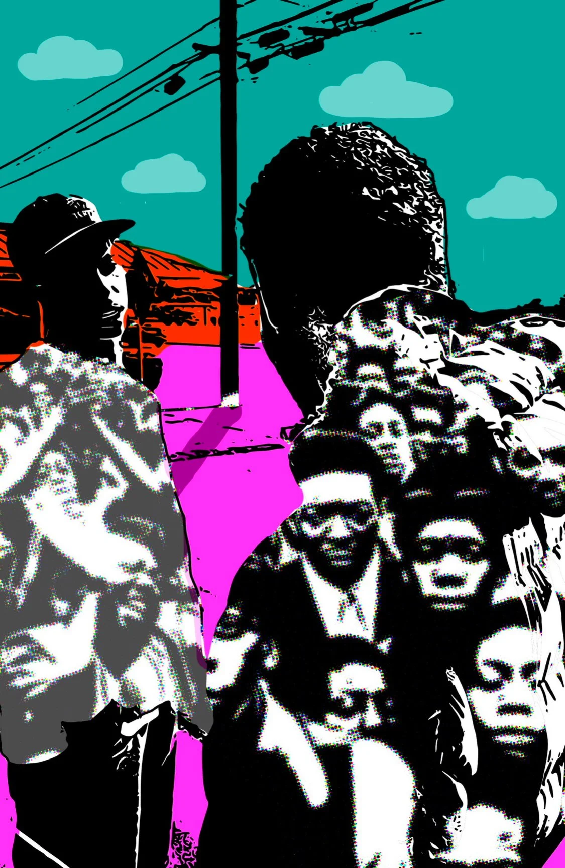 Pop art style illustration of three diverse women walking by a power line pole under a sky with clouds, wearing patterned clothing and sunglasses.