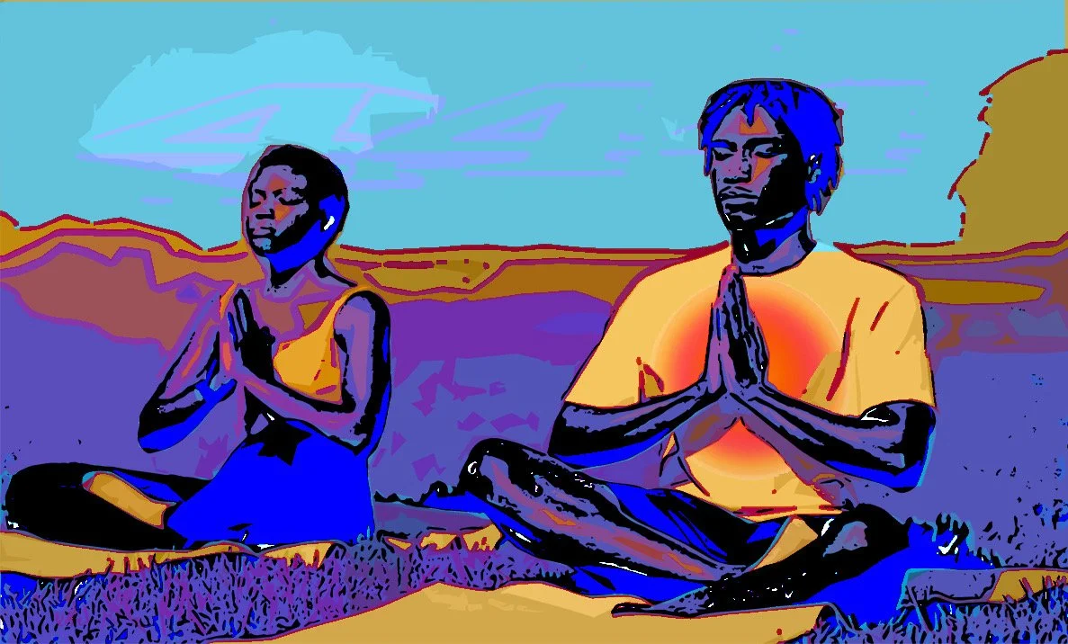 Two people meditating outdoors in a stylized, colorful art style, sitting cross-legged with their hands in a prayer position, against a landscape with a mountainous background and a partly cloudy sky.