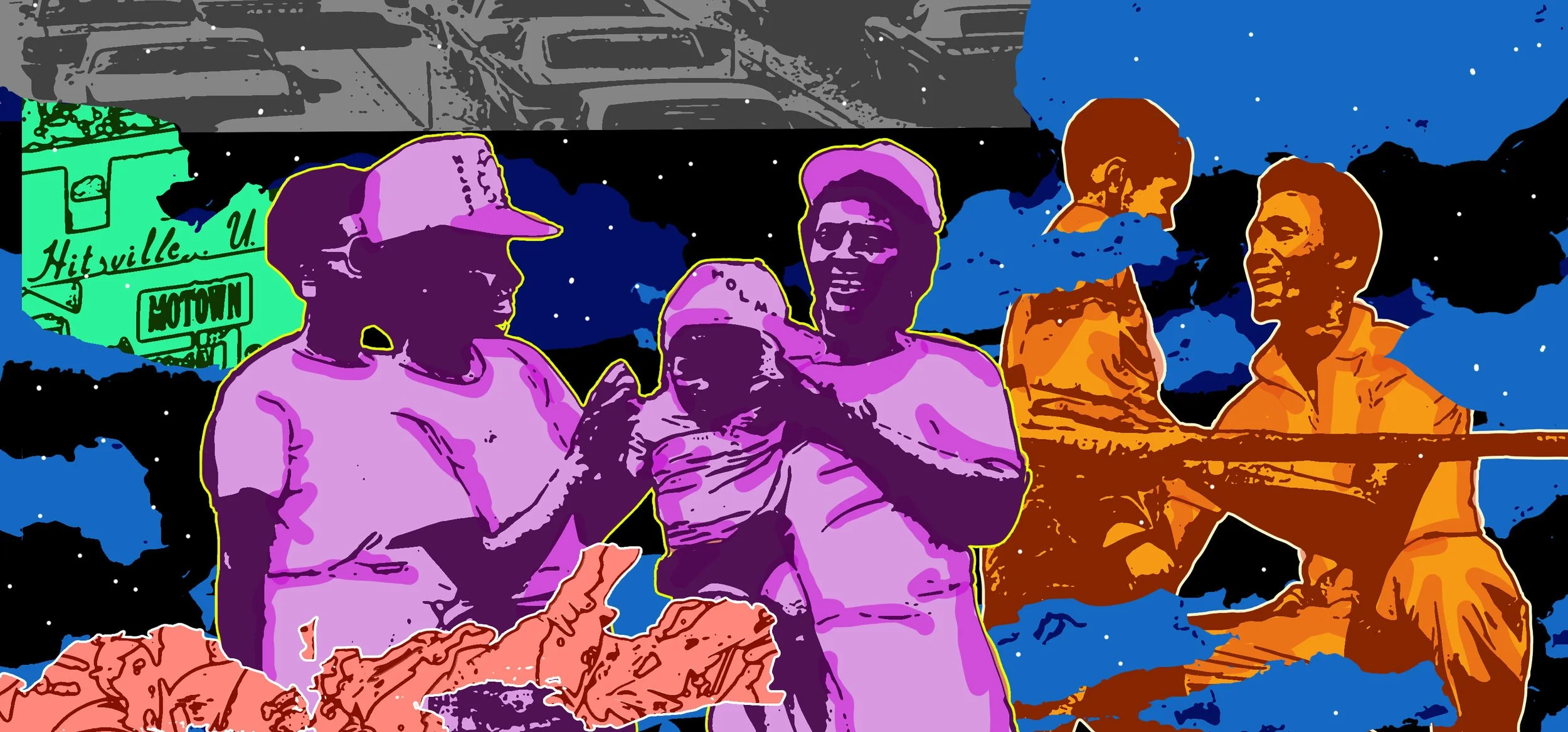A stylized, colorful illustration of people engaging in a conversation outdoors at night, with a starry sky, mountains, and a sign that says "Hitsville U.S.A." in the background.