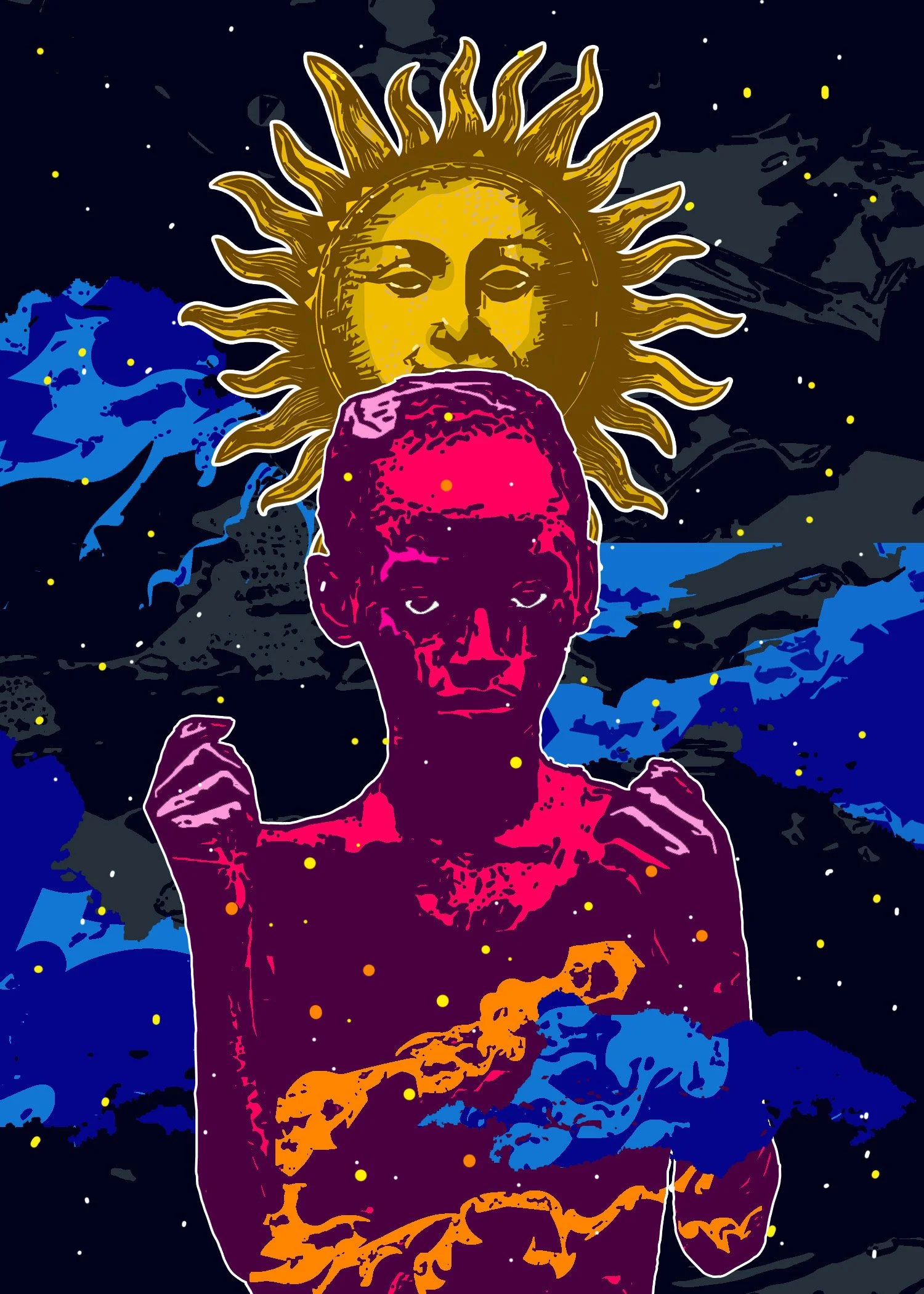 Stylized digital illustration featuring a boxer in a fighting pose with a background of a large sun with a face and rays, against a starry night sky with swirling clouds in shades of blue, black, and yellow dots.