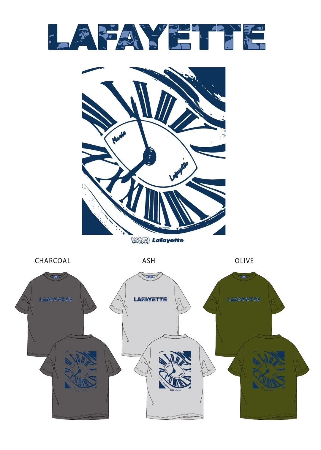 A collection of T-shirts in charcoal, ash, and olive colors, each displaying a graphic of a clock with Roman numerals and the word "Lafayette" on the front.