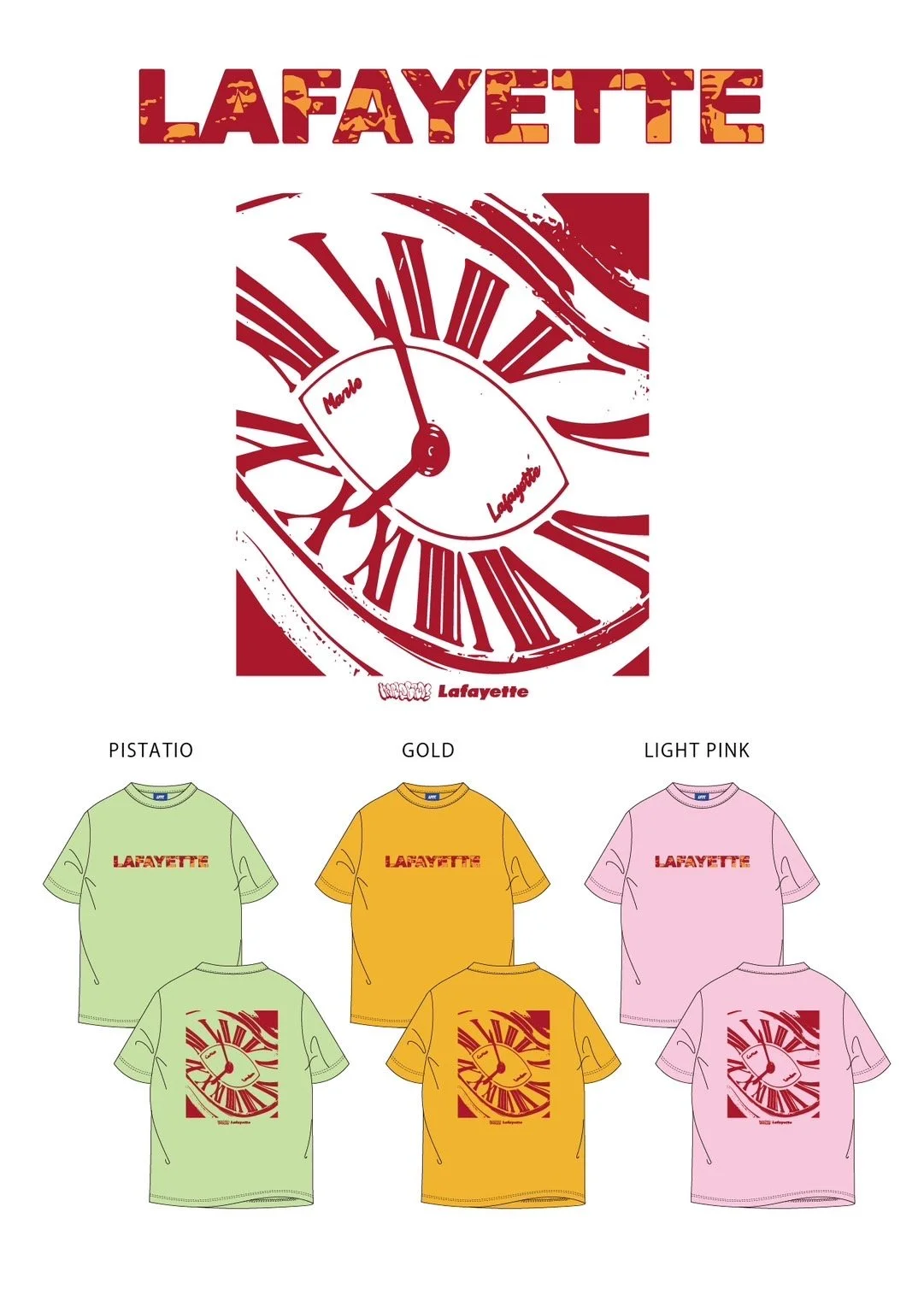 Display of different T-shirt colors: pistachio, gold, light pink with Lafayette logo and clock design.