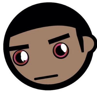 cartoon face with short black hair, pink eyes, and a neutral expression