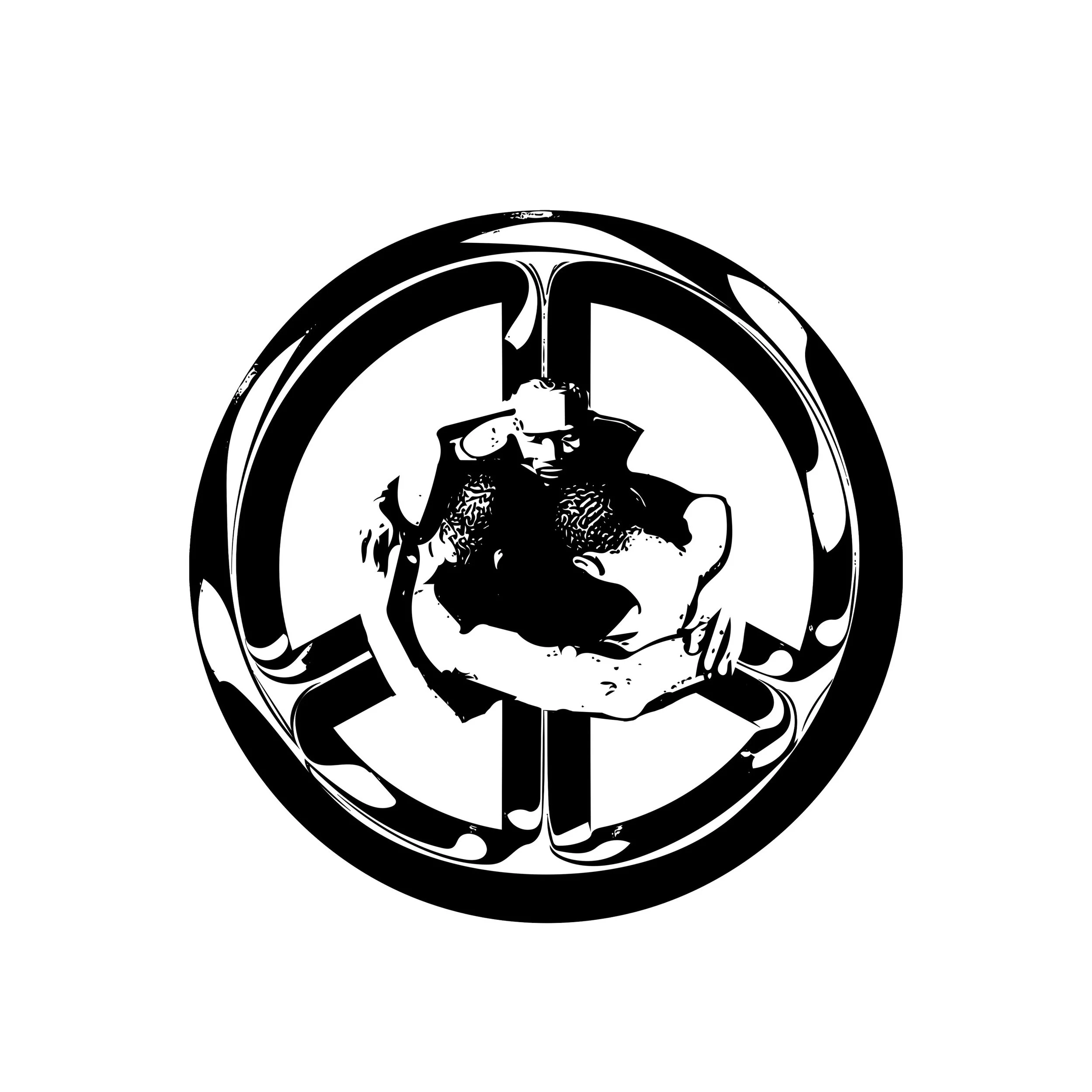 Black and white stylized image of a human skull with a circular design around it.