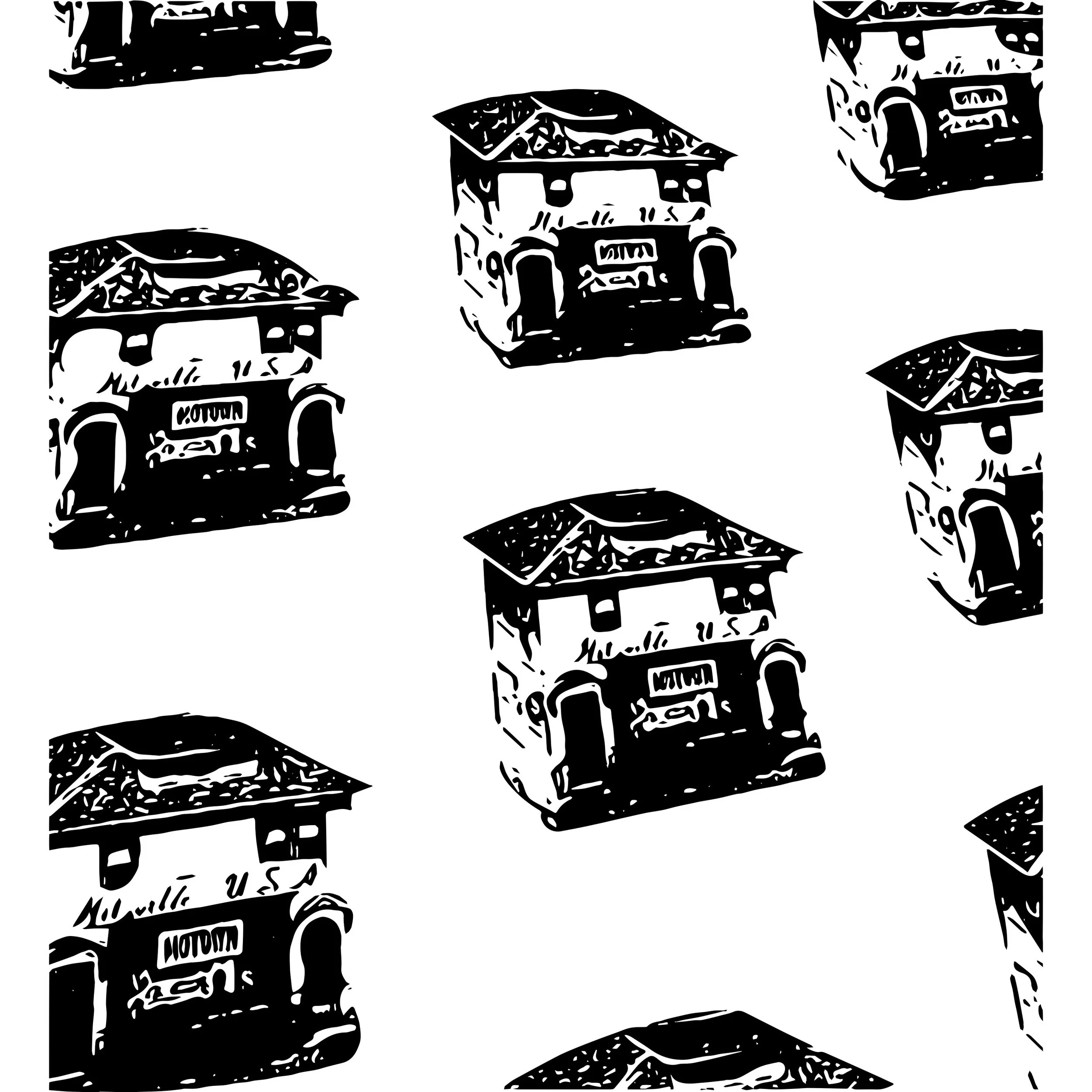 Repeat pattern of black and white illustrated coffee makers with labels, arranged in a regular grid.