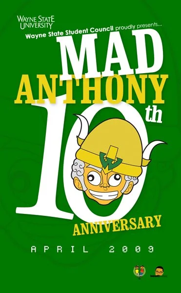 Poster celebrating Mad Anthony's 10th anniversary in April 2009, featuring cartoon image of a mischievous Viking with a helmet and horned design, with green background and bold white, yellow, and black text.