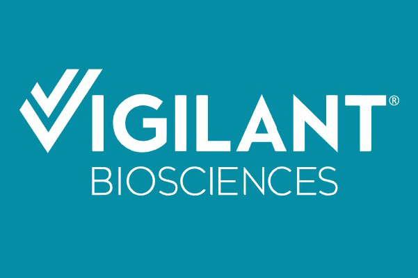 White Vigilant Biosciences logo on teal background. Stylized V icon formed by two overlapping check marks sits to the left of bold sans-serif text.