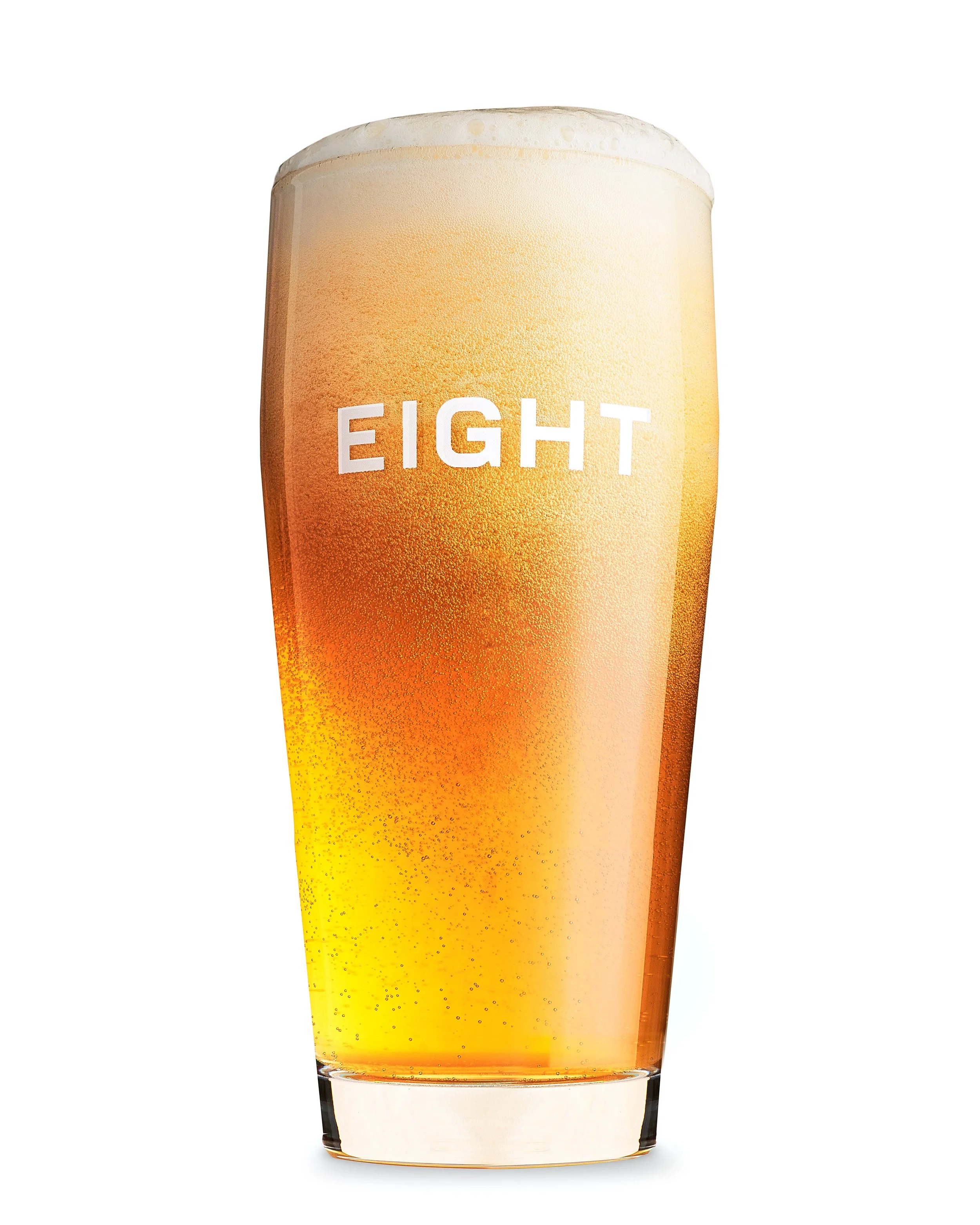 Eight Light Lager Beer – Cold Poured Branded Pint Glass with Foamy Head on White Background