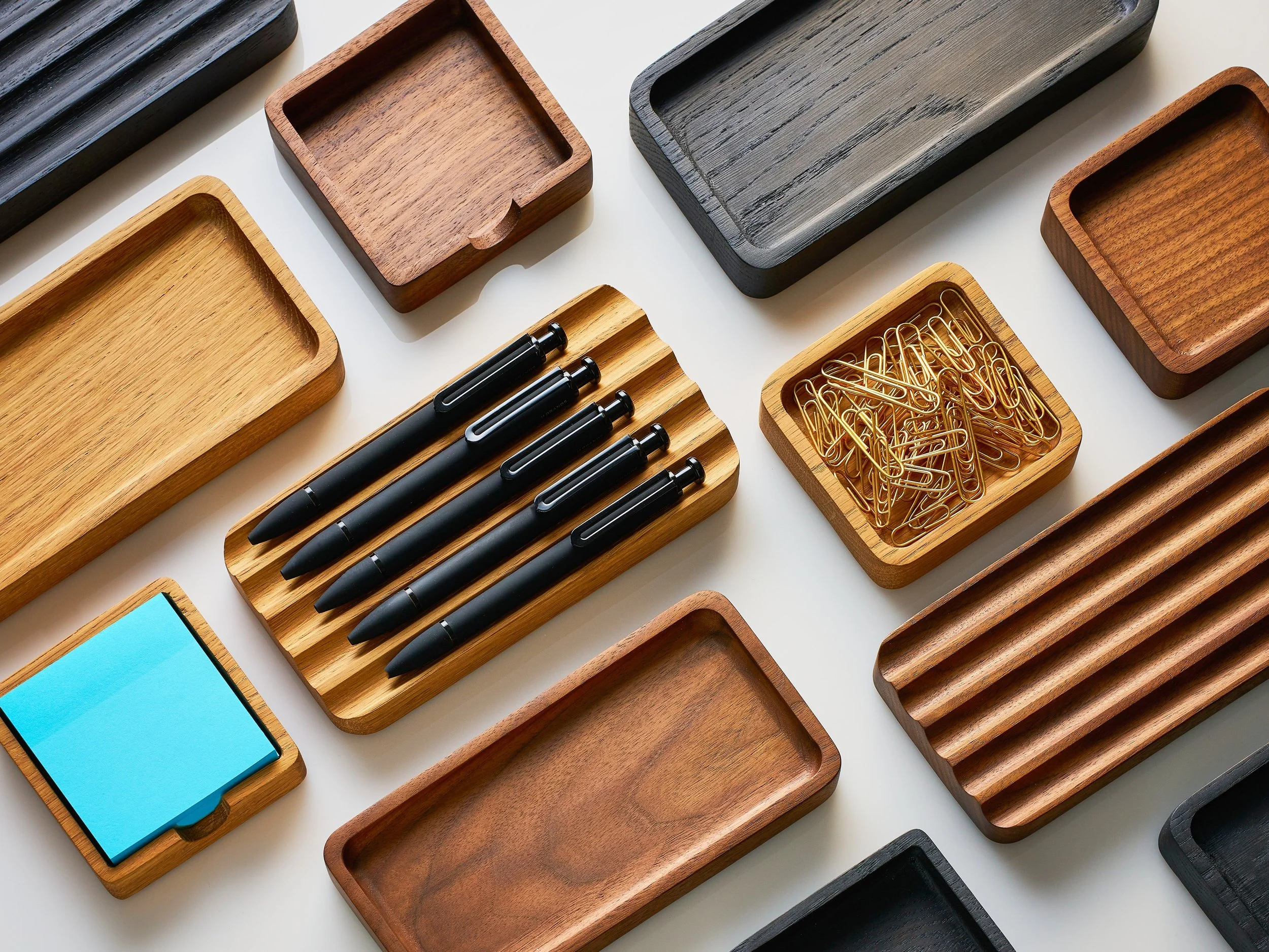 Grain & Grove Handcrafted Wood Desk Accessories – Flatlay Product Photography of Minimalist Office Organization Collection