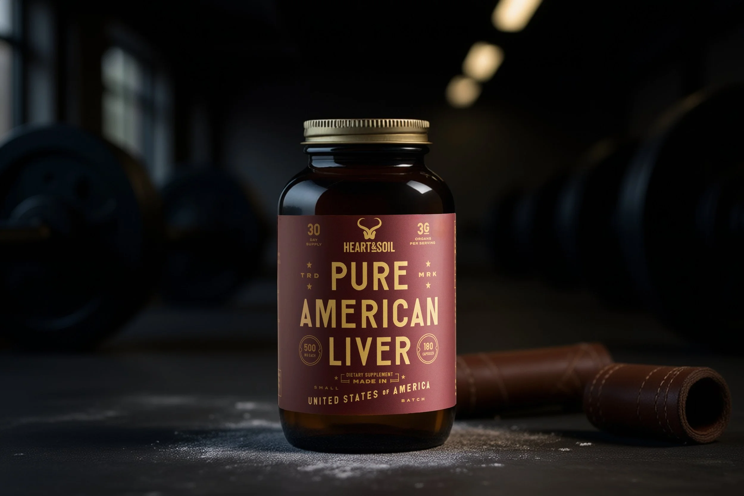 Heart & Soil Pure American Liver – Ancestral Beef Organ Supplement Product Photography in Gym Setting
