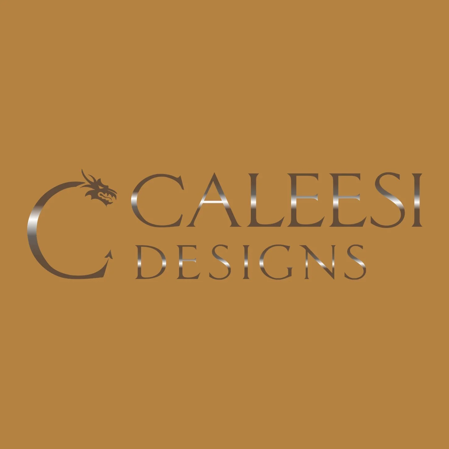 Silver metallic Caleesi Designs logo on mustard gold background. Stylized letter C forms dragon shape with detailed head and tail elements