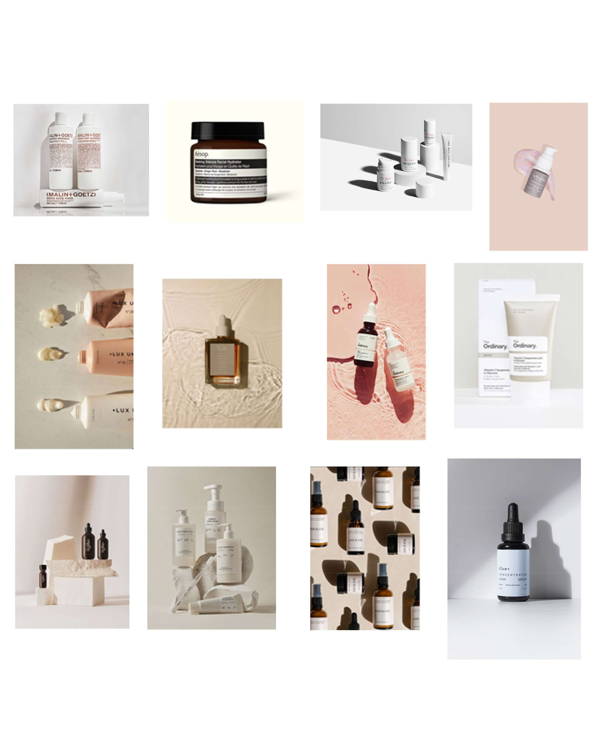 Karam MD rebranding inspiration board exhibiting high-end beauty product styling. Collection highlights serum textures, neutral color palettes, and commercial lighting for cosmetic photography.