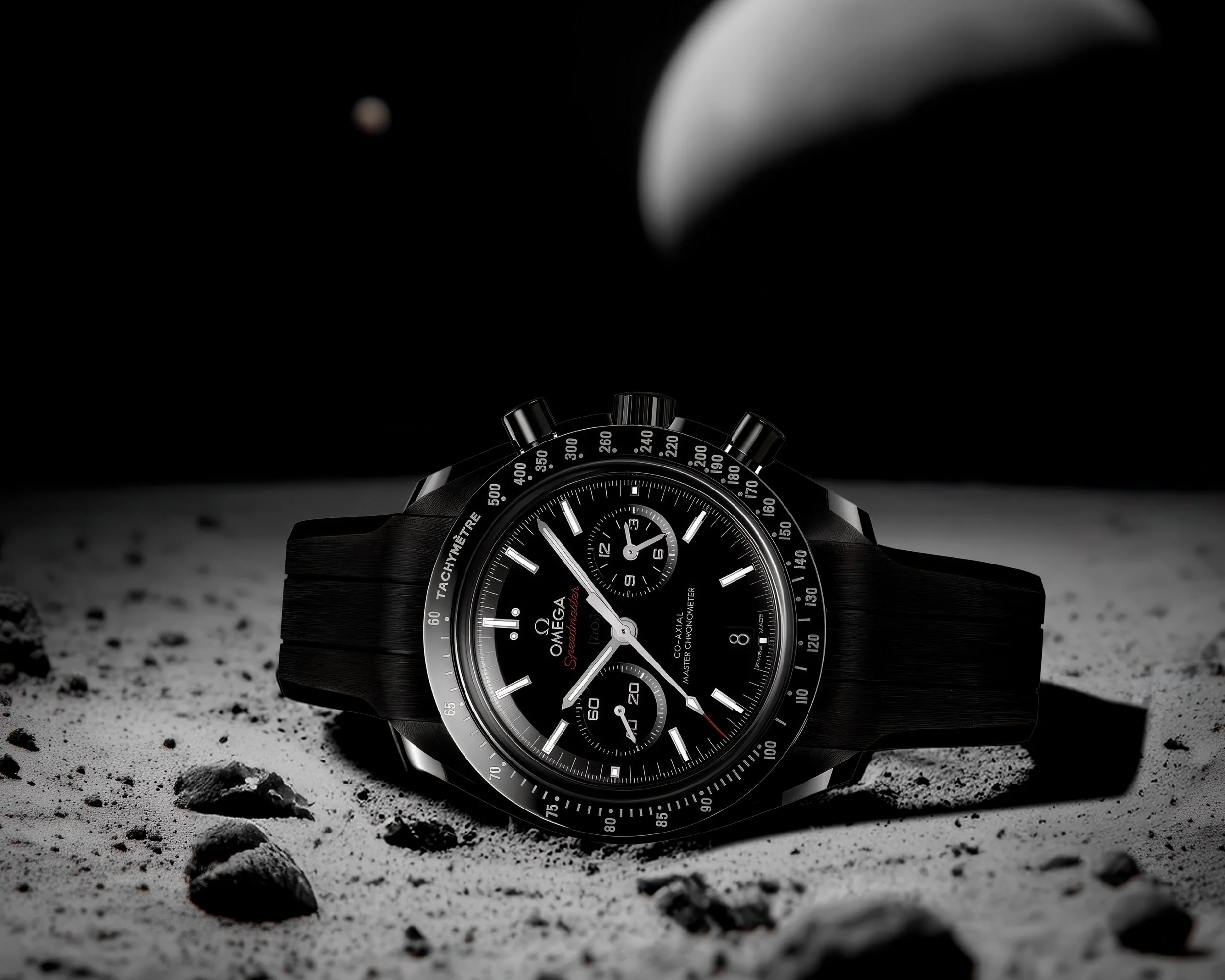 Omega Speedmaster Dark Side of the Moon Watch on Lunar Surface – Black Ceramic Chronograph