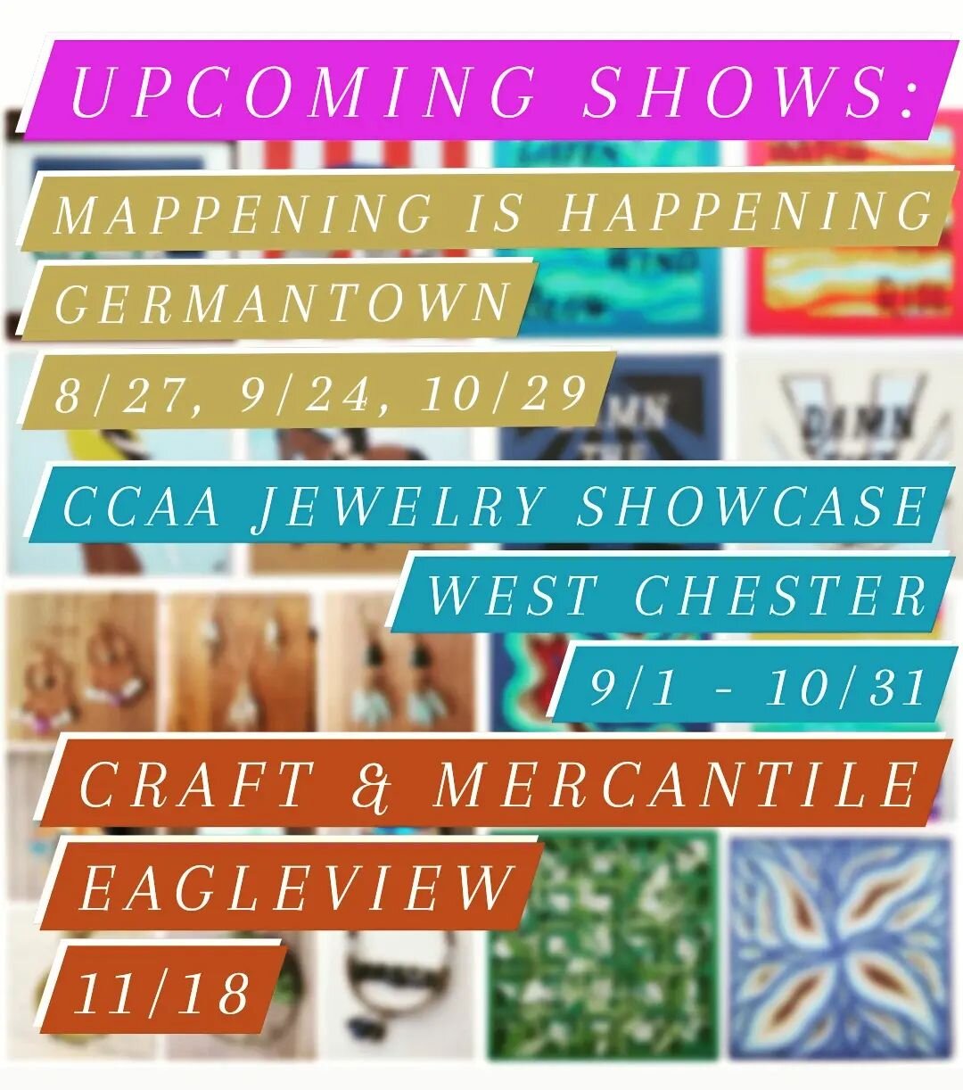 Upcoming shows, starting this Saturday!!!
Link in bio to my calendar for more details 🗓🥳
Summary:
*Saturdays 8/27, 9/24 and 10/29 are in Germantown for the Mappening is Happening
*All September and October you can find my jewelry at the Chester Cou