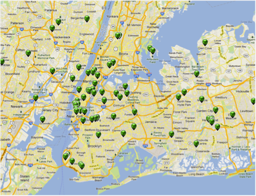 Locations (green points) where low radioactivity readings have been obtained in New York City