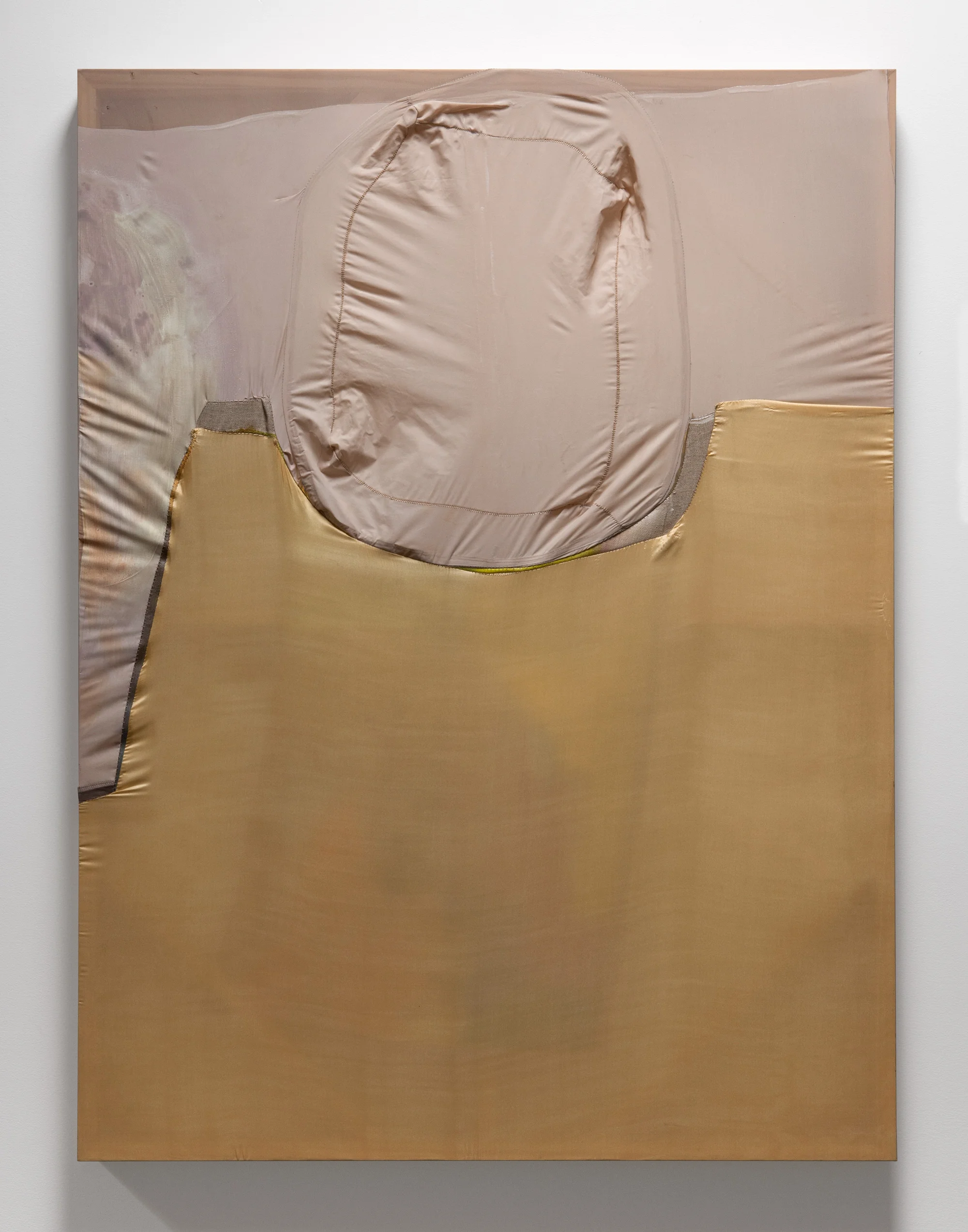 Erica Mahinay, Surfacing , 2015, Oil on canvas and treated fabrics, 47"x36"
