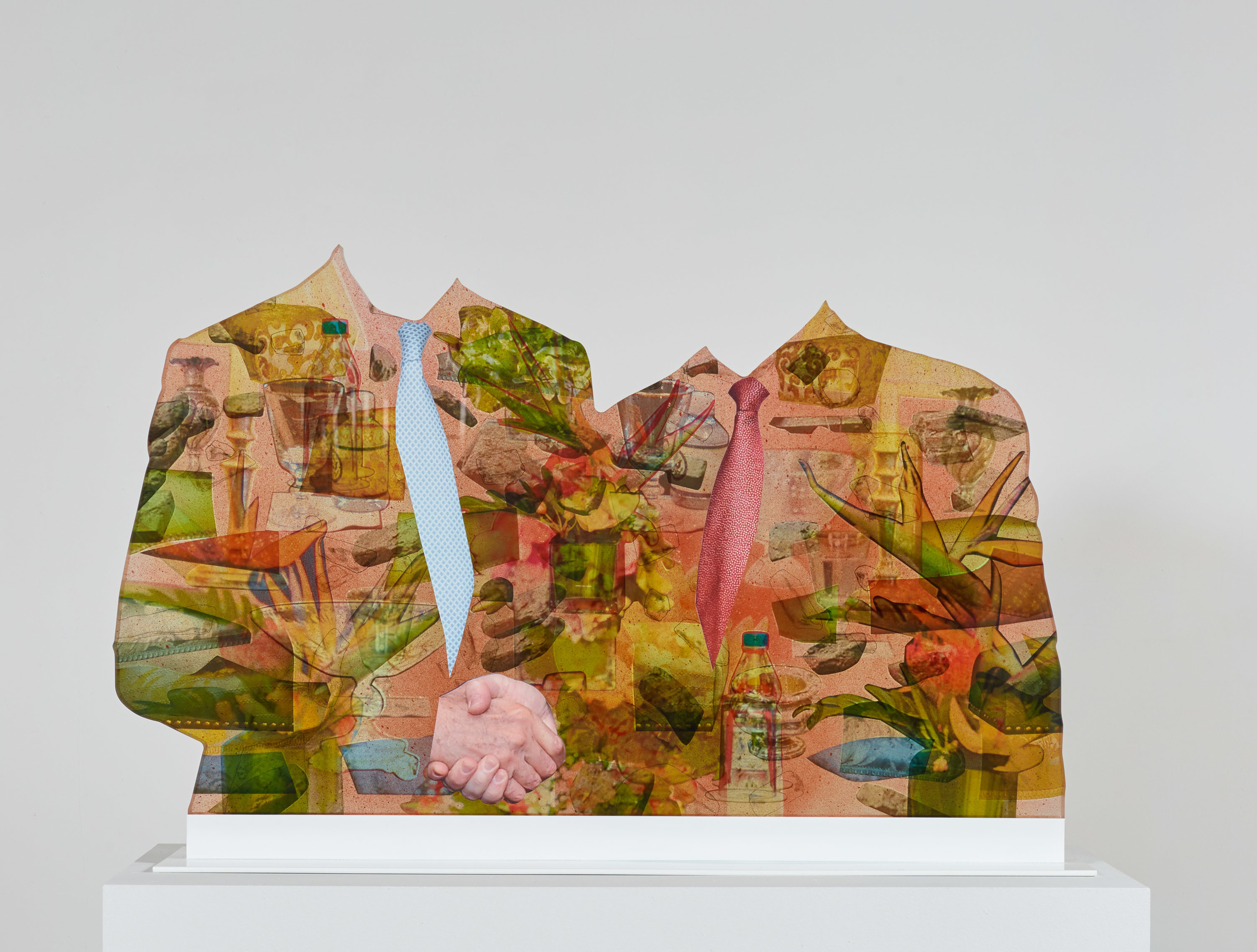 Anna Elise Johnson , Two Suits , 2016. Acrylic, resin, archival digital print, India Ink, spray paint, 28 x 44 x 2.5 inches.