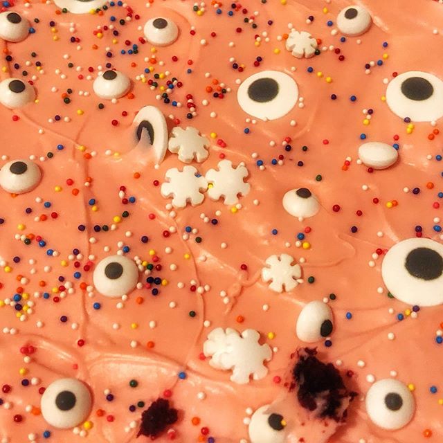 If you missed the Adidas fun run last night you also missed a red velvet googly eyed cake! It was way better than the planned oatmeal cake, which probably would have been just fine. And although we eventually did end up with empty pans of everything 