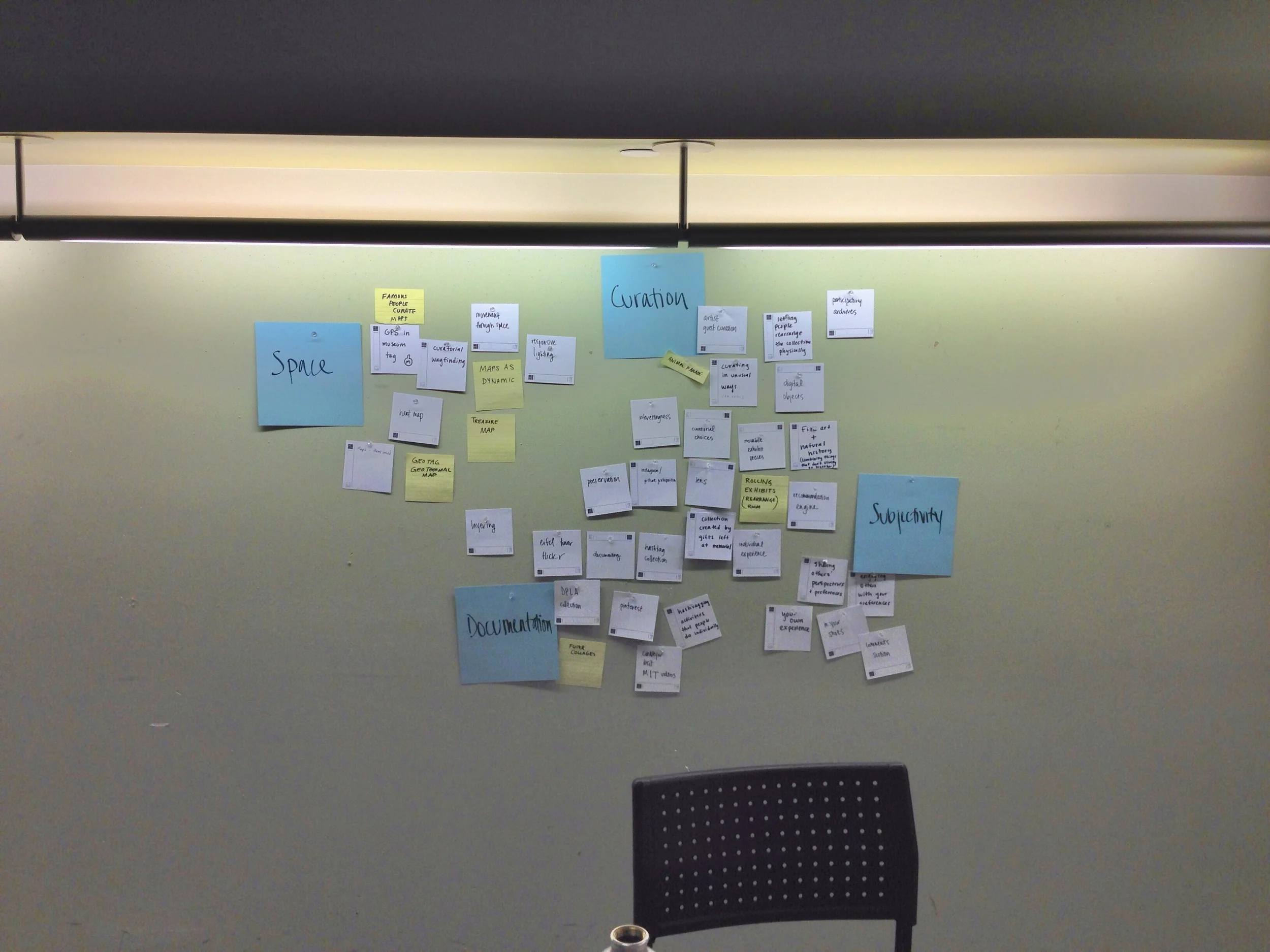 Brainstorming cards organized and thematically categorized after with blue cards - one step in the design process.