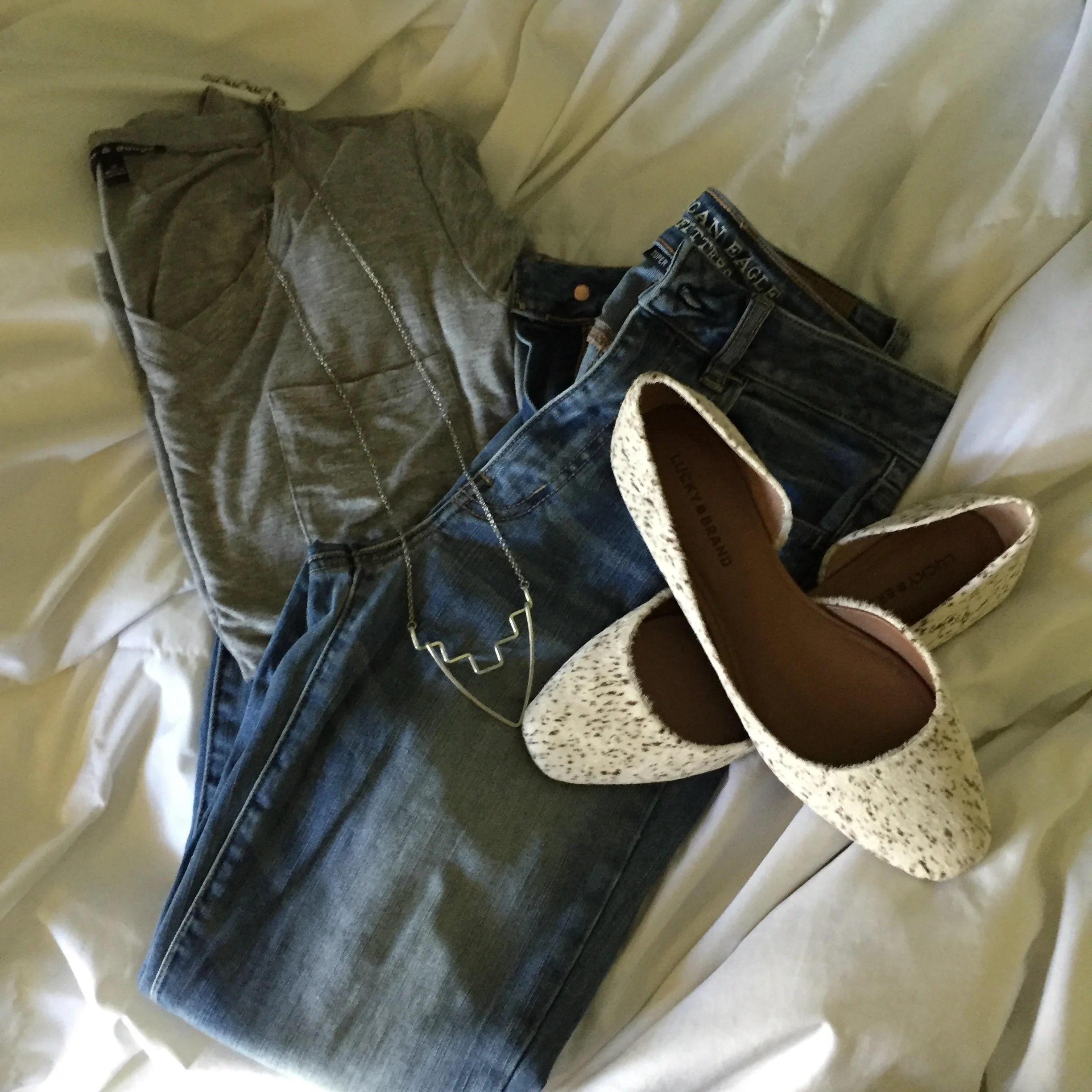 Tee: TJ Maxx || High Waisted Skinnies: American Eagle || Calf Skin Flats and Necklace: Lucky Brand 