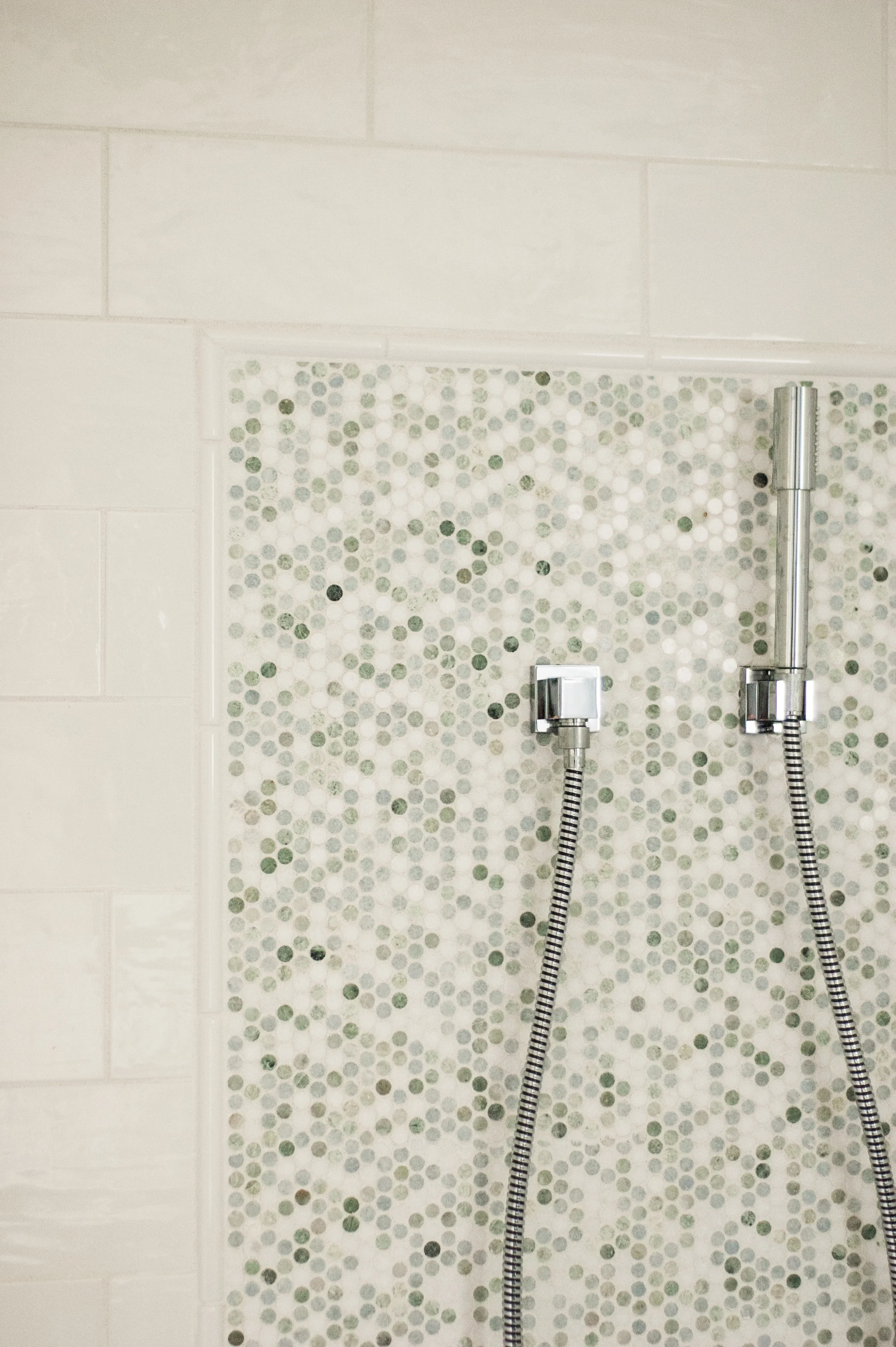 a mini-dot, custom blend, stone mosaic tile accents the walls of a large walk-in shower