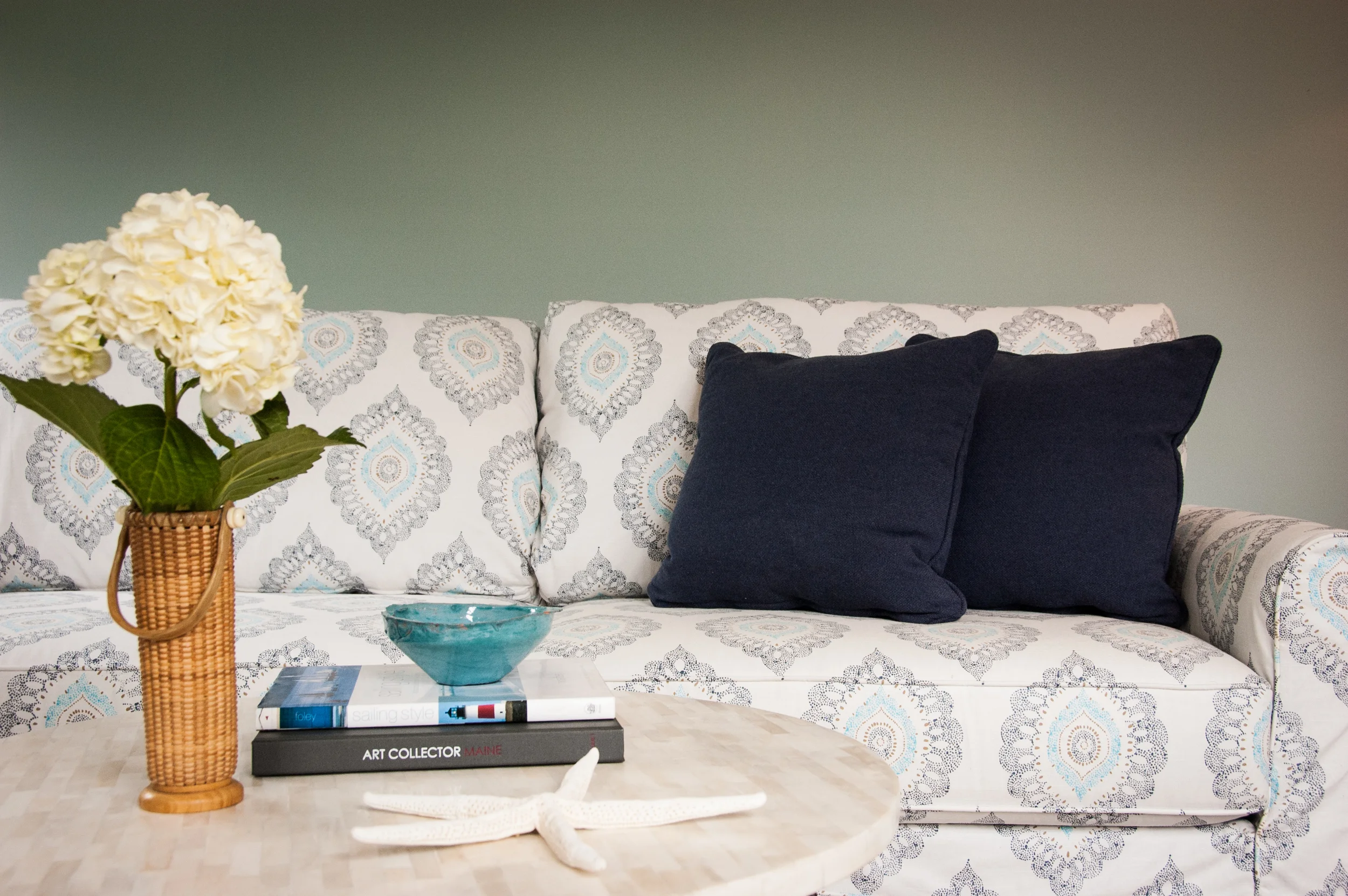 bold pattern, color, texture and accessories complete this lounging space