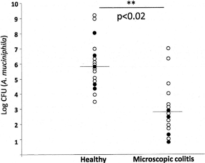 Occurrence of Akkermansia muciniphila in healthy people and those with MC. From: Fischer et. al. 2015. Altered microbiota in microscopic colitis. Gut doi:10.1136/gutjnl-2014-308956