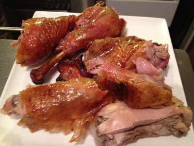 The white and brown turkey meat from a Thanksgiving dinner