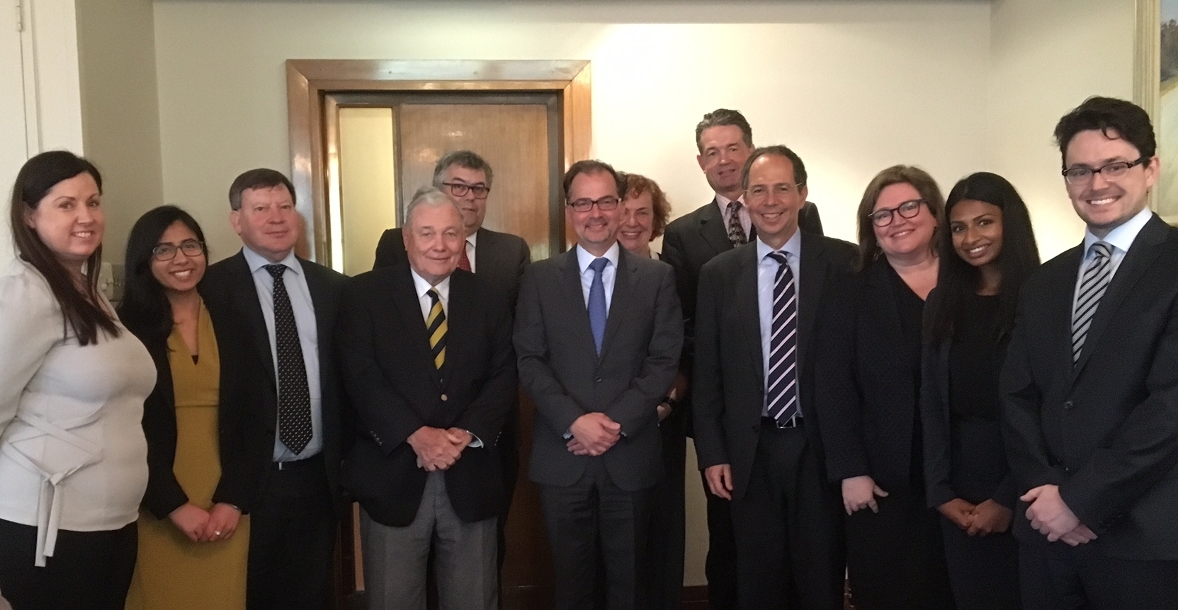 Members of UNCCA with Dr Christophe Bernasconi in Sydney on 29 September 2016. L-R: Diane Chapman, Ashna Taneja, Don Robertson, The Hon. Roger Gyles AO QC, Michael Green SC, Dr Christophe Barnasconi (Secretary-General), Suzanne Howarth, Mark Sheller, Tim Castle (Chair, UNCCA), Dominique Hogan-Doran SC, Prishika Raj and Michael Douglas.