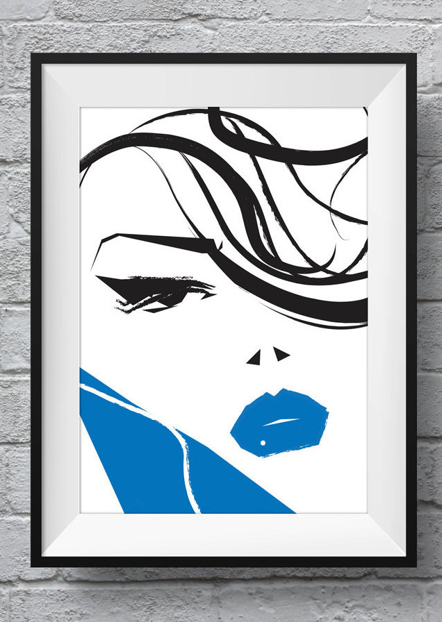 Fashion Illustration Girl Art Print Poster Beauty Blue Lips 50s 60s Classy  Retro Mod Hair Makeup Cool Woman Pinup Portrait Home Edgy Wall — Jade  Pilgrolio