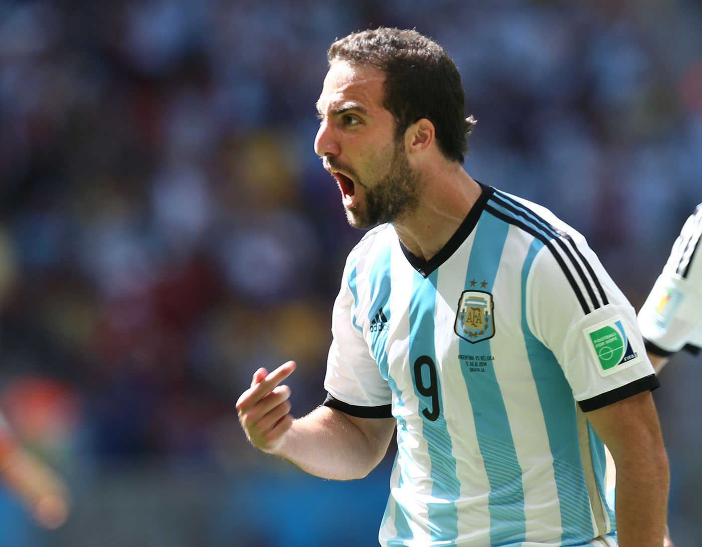 Gonzalo Higuaín celebra el único gol en la victoria argentina ante Bélgica, en un encuentro válido por los cuartos de final del Mundial Brasil 2014, disputado en Brasilia el 5 de julio. Foto: Gabriel Piko/PikoPress (gabrielpiko.com / @gabrielpiko)