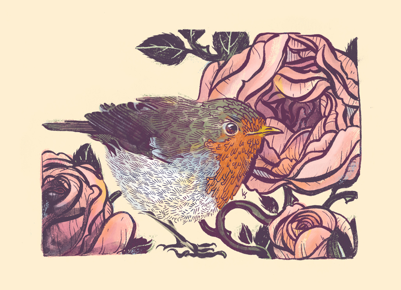 European Robin and English Tea Roses