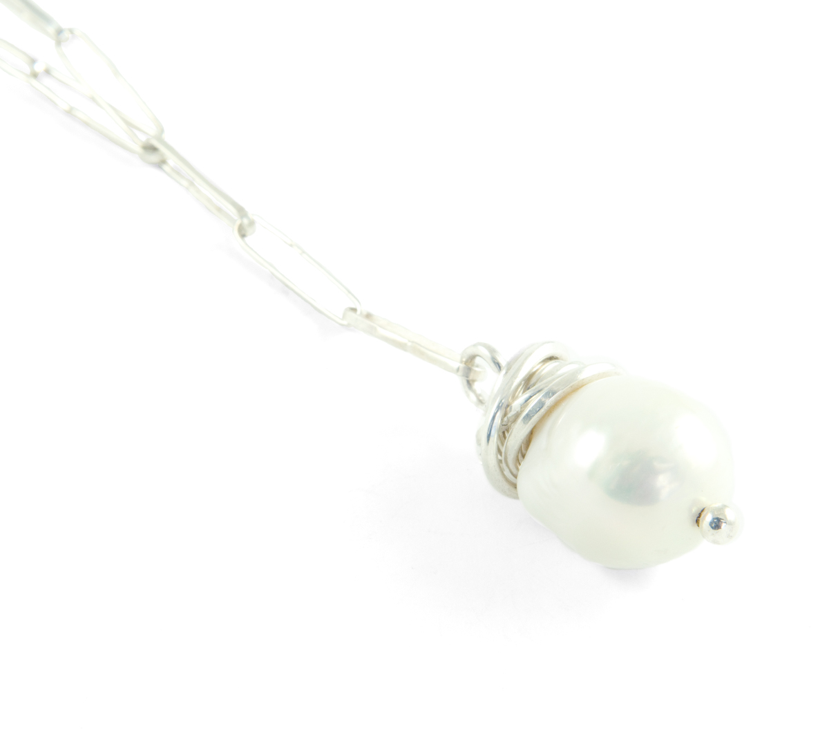Close Up of Silver Pearl Drop Necklace © Margaret Ellis