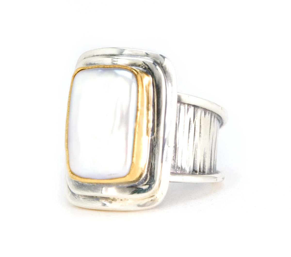 Silver and Gold Rectangle Pearl Ring © Margaret Ellis Jewelry