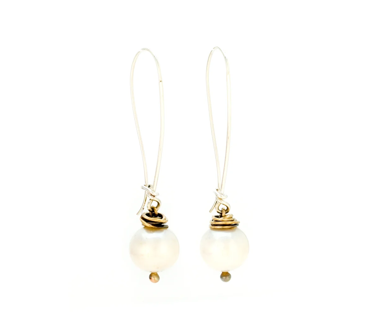 Silver and Bronze White Pearl Threader Earrings © Margaret Ellis