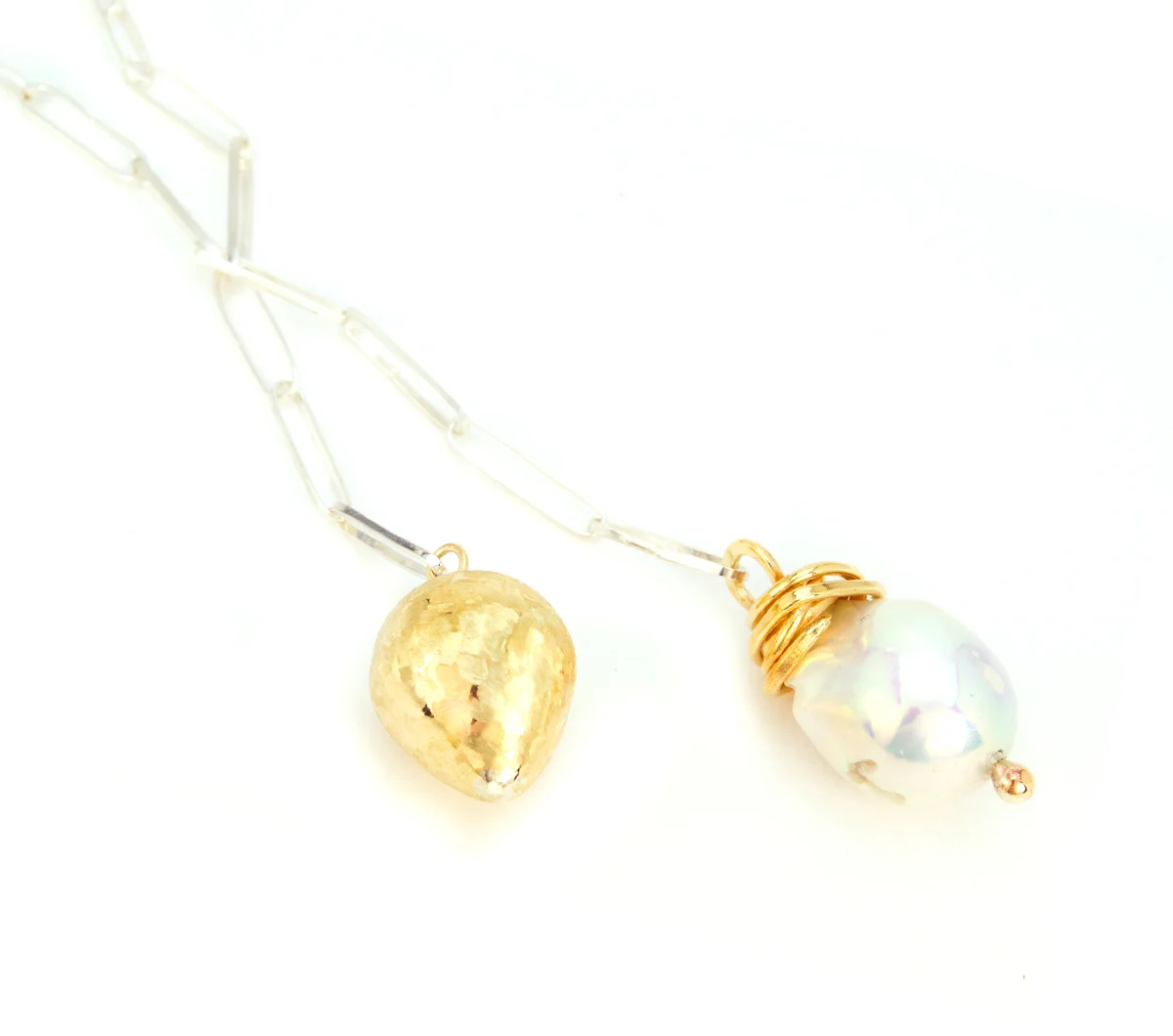 Silver & Bronze Egg and Pearl Lariat Necklace © Margaret Ellis
