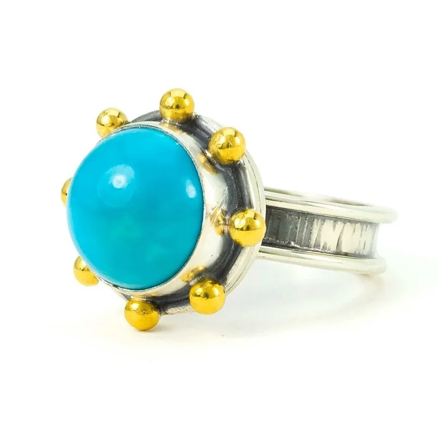 Did you know that turquoise is seen as a sacred stone for spiritual journeys and attracting good fortune? The vibrant blue is also closely connected to sky and water. Just imagine the inner peace that this beautiful  handmade Turquoise Ball Ring is s