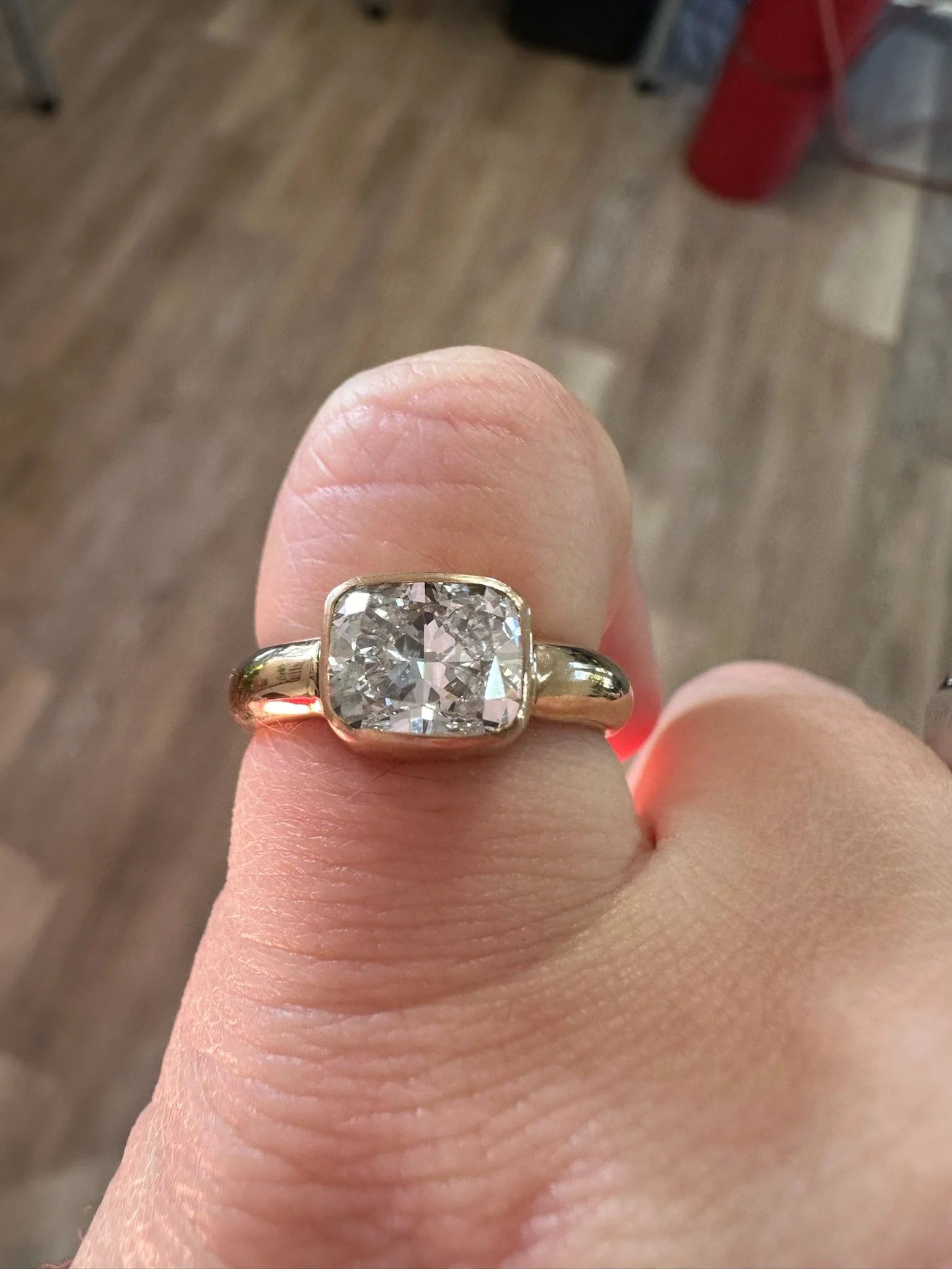 Pink Gold Diamond Cusion Ring East West setting