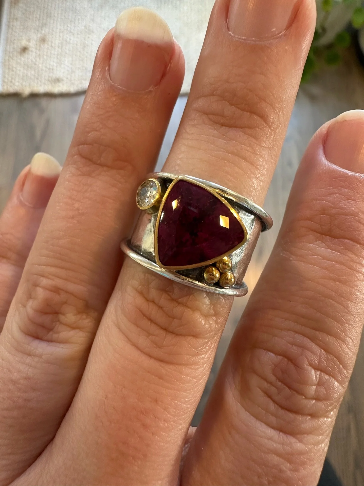 Silver and Gold Pink Sapphire Trillion and Diamond Ring