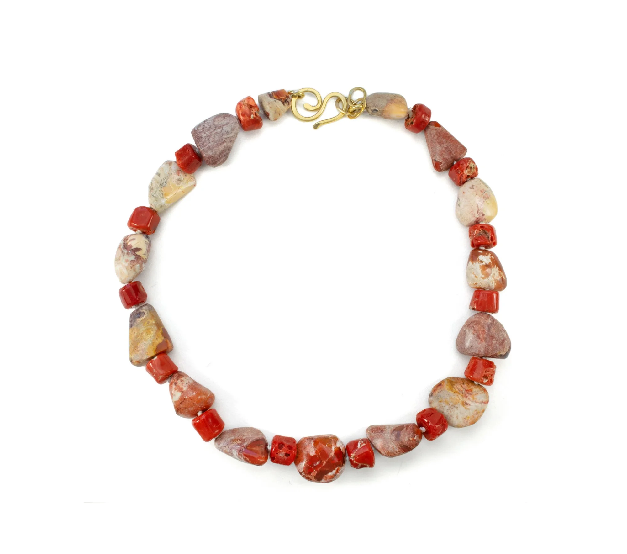 Mexican opals and raw red coral stone bead necklace